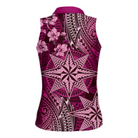 Vintage Tonga Tribal Ngatu Pattern Women Sleeveless Polo Shirt With Pacific Floral Pink Art