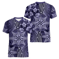 Vintage Tonga Tribal Ngatu Pattern Women V-Neck T-Shirt With Pacific Floral Pink Art