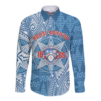 Personalised Tonga Apifo'ou College Long Sleeve Button Shirt Since 1865 Special Kupesi Pattern LT9 Unisex Blue - Polynesian Pride