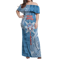 Personalised Tonga Apifo'ou College Off Shoulder Maxi Dress Since 1865 Special Kupesi Pattern LT9 Women Blue - Polynesian Pride