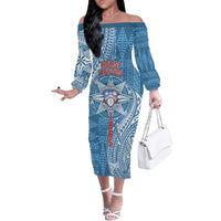 Personalised Tonga Apifo'ou College Off The Shoulder Long Sleeve Dress Since 1865 Special Kupesi Pattern LT9 Women Blue - Polynesian Pride