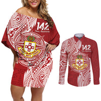 Personalised Kolisi Tonga Atele 142nd Anniversary Couples Matching Off Shoulder Short Dress and Long Sleeve Button Shirt Special Kupesi Pattern LT9 White - Polynesian Pride