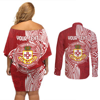 Personalised Kolisi Tonga Atele 142nd Anniversary Couples Matching Off Shoulder Short Dress and Long Sleeve Button Shirt Special Kupesi Pattern LT9 - Polynesian Pride