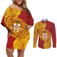 Personalised Kolisi Tonga Atele Couples Matching Off Shoulder Short Dress and Long Sleeve Button Shirt Since 1882 Simple Ngatu Pattern LT9 Gold - Polynesian Pride