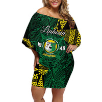 Personalised Tonga Liahona High School Family Matching Off Shoulder Short Dress and Hawaiian Shirt Since 1948 Special Kupesi Pattern