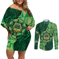Personalised Tonga Saineha High School Couples Matching Off Shoulder Short Dress and Long Sleeve Button Shirt Since 1978 Special Kupesi Pattern LT9 Green - Polynesian Pride