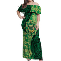 Personalised Tonga Saineha High School Off Shoulder Maxi Dress Since 1978 Special Kupesi Pattern LT9 Women Green - Polynesian Pride