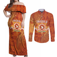 Personalised Tonga Tailulu College Couples Matching Off Shoulder Maxi Dress and Long Sleeve Button Shirt Since 1967 Special Kupesi Pattern Version 1 LT9 Gold - Polynesian Pride