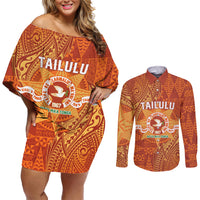 Personalised Tonga Tailulu College Couples Matching Off Shoulder Short Dress and Long Sleeve Button Shirt Since 1967 Special Kupesi Pattern Version 1 LT9 Gold - Polynesian Pride