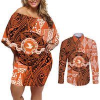 Personalised Tonga Tailulu College Couples Matching Off Shoulder Short Dress and Long Sleeve Button Shirt Since 1967 Special Kupesi Pattern Version 2 LT9 Black - Polynesian Pride