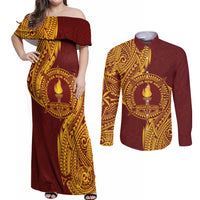Personalised Tonga Beulah College Couples Matching Off Shoulder Maxi Dress and Long Sleeve Button Shirt Since 1938 Special Kupesi Pattern LT9 Gold - Polynesian Pride