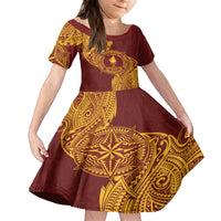 Personalised Tonga Beulah College Family Matching Off The Shoulder Long Sleeve Dress and Hawaiian Shirt Since 1938 Special Kupesi Pattern LT9 Daughter's Dress Gold - Polynesian Pride