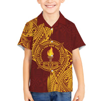 Personalised Tonga Beulah College Family Matching Off The Shoulder Long Sleeve Dress and Hawaiian Shirt Since 1938 Special Kupesi Pattern LT9 Son's Shirt Gold - Polynesian Pride