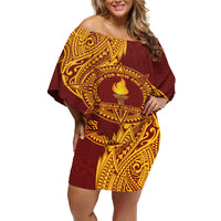 Personalised Tonga Beulah College Off Shoulder Short Dress Since 1938 Special Kupesi Pattern LT9 Women Gold - Polynesian Pride