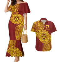 Personalised Tonga High School 77th Anniversary Couples Matching Mermaid Dress and Hawaiian Shirt Special Kupesi Pattern LT9 Gold - Polynesian Pride