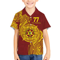 Personalised Tonga High School 77th Anniversary Family Matching Off The Shoulder Long Sleeve Dress and Hawaiian Shirt Special Kupesi Pattern LT9 Son's Shirt Gold - Polynesian Pride