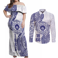 Personalised Tonga Tupou College Tolo Couples Matching Off Shoulder Maxi Dress and Long Sleeve Button Shirt Since 1866 Special Kupesi Pattern LT9 White - Polynesian Pride