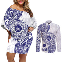 Personalised Tonga Tupou College Tolo Couples Matching Off Shoulder Short Dress and Long Sleeve Button Shirt Since 1866 Special Kupesi Pattern LT9 White - Polynesian Pride