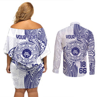 Personalised Tonga Tupou College Tolo Couples Matching Off Shoulder Short Dress and Long Sleeve Button Shirt Since 1866 Special Kupesi Pattern LT9 - Polynesian Pride
