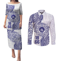 Personalised Tonga Tupou College Tolo Couples Matching Puletasi and Long Sleeve Button Shirt Since 1866 Special Kupesi Pattern LT9 White - Polynesian Pride