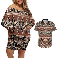 Vintage Bula Fiji Couples Matching Off Shoulder Short Dress and Hawaiian Shirt Brown Tapa Masi Motif