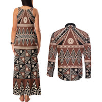 Vintage Bula Fiji Couples Matching Tank Maxi Dress and Long Sleeve Button Shirt Brown Tapa Masi Motif