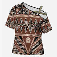 Vintage Bula Fiji Cross Shoulder Shirt Brown Tapa Masi Motif LT9 Female Brown - Polynesian Pride