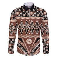 Vintage Bula Fiji Family Matching Off The Shoulder Long Sleeve Dress and Hawaiian Shirt Brown Tapa Masi Motif