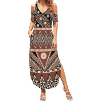 Vintage Bula Fiji Summer Maxi Dress Brown Tapa Masi Motif