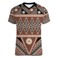 Vintage Bula Fiji Women V-Neck T-Shirt Brown Tapa Masi Motif