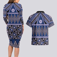Vintage Bula Fiji Couples Matching Long Sleeve Bodycon Dress and Hawaiian Shirt Prussian Blue Tapa Masi Motif