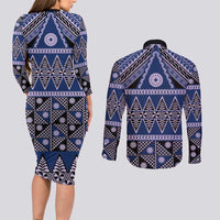 Vintage Bula Fiji Couples Matching Long Sleeve Bodycon Dress and Long Sleeve Button Shirt Prussian Blue Tapa Masi Motif