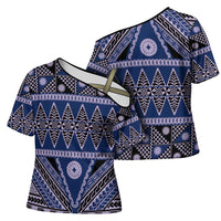 Vintage Bula Fiji Cross Shoulder Shirt Prussian Blue Tapa Masi Motif LT9 - Polynesian Pride