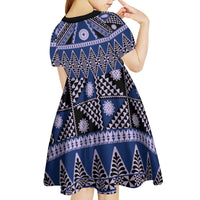 Vintage Bula Fiji Kid Short Sleeve Dress Prussian Blue Tapa Masi Motif