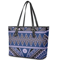 Vintage Bula Fiji Leather Tote Bag Prussian Blue Tapa Masi Motif