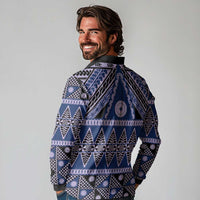 Vintage Bula Fiji Long Sleeve Polo Shirt Prussian Blue Tapa Masi Motif