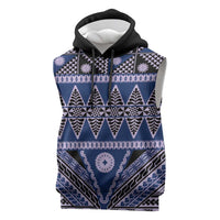 Vintage Bula Fiji Sleeveless Hoodie Prussian Blue Tapa Masi Motif - Polynesian Pride