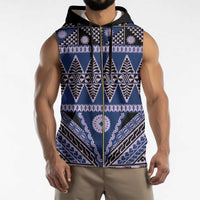 Vintage Bula Fiji Sleeveless Zip Hoodie Prussian Blue Tapa Masi Motif - Polynesian Pride