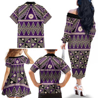 Vintage Bula Fiji Family Matching Off The Shoulder Long Sleeve Dress and Hawaiian Shirt Purple Tapa Masi Motif