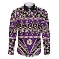 Vintage Bula Fiji Family Matching Off Shoulder Maxi Dress and Hawaiian Shirt Purple Tapa Masi Motif