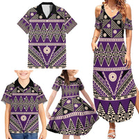 Vintage Bula Fiji Family Matching Summer Maxi Dress and Hawaiian Shirt Purple Tapa Masi Motif