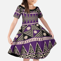 Vintage Bula Fiji Kid Short Sleeve Dress Purple Tapa Masi Motif