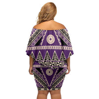 Vintage Bula Fiji Off Shoulder Short Dress Purple Tapa Masi Motif