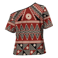 Vintage Bula Fiji Cross Shoulder Shirt Red Tapa Masi Motif LT9 - Polynesian Pride