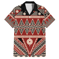Vintage Bula Fiji Family Matching Off The Shoulder Long Sleeve Dress and Hawaiian Shirt Red Tapa Masi Motif