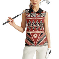 Vintage Bula Fiji Women Sleeveless Polo Shirt Red Tapa Masi Motif