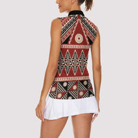 Vintage Bula Fiji Women Sleeveless Polo Shirt Red Tapa Masi Motif