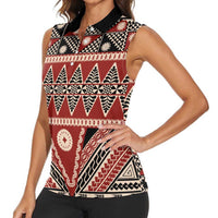 Vintage Bula Fiji Women Sleeveless Polo Shirt Red Tapa Masi Motif