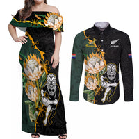 South Africa Protea and New Zealand Couples Matching Off Shoulder Maxi Dress and Long Sleeve Button Shirts Go All Black-Springboks Rugby with Kente And Maori LT9 Black Green - Polynesian Pride