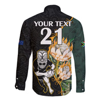 Custom South Africa Protea and New Zealand Long Sleeve Button Shirt Go All Black-Springboks Rugby with Kente And Maori LT9 - Polynesian Pride